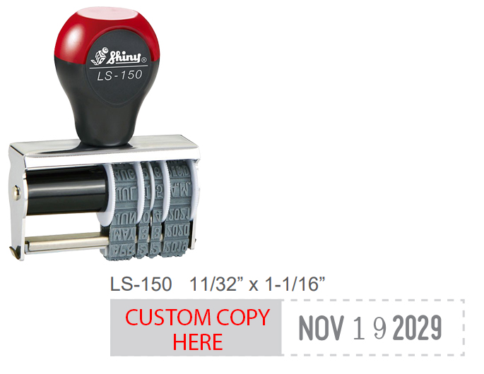 LS-150 local style dater has custom text preceding the date on the same line.  Up to 7 years included on the dater year band.