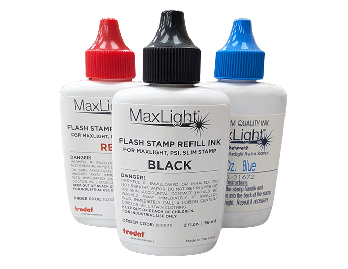 2 ounce bottle of flash ink.  Flash ink is to be used on MaxLight / Premier Mark flash pre-inked stamps.  Do not use on self-inking stamps as this ink will ruin the stamp pad.  MaxLight / Premier Mark flash ink will add thousands of impressions.