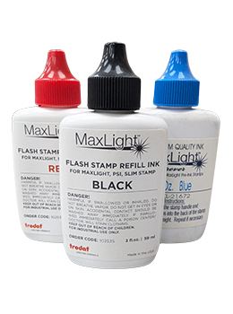 2 ounce bottle of flash ink.  Flash ink is to be used on MaxLight / Premier Mark flash pre-inked stamps.  Do not use on self-inking stamps as this ink will ruin the stamp pad.  MaxLight / Premier Mark flash ink will add thousands of impressions.