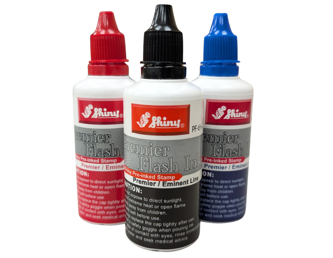 2 ounce bottle of flash ink.  Flash ink is to be used on flash pre-inked stamps.  Do not use on self-inking stamps as this ink will ruin the stamp pad.  Shiny / Premier Mark flash ink will add thousands and thousands of impressions to your flash pre-inked