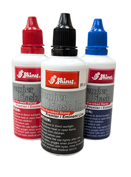 2 ounce bottle of flash ink.  Flash ink is to be used on flash pre-inked stamps.  Do not use on self-inking stamps as this ink will ruin the stamp pad.  Shiny / Premier Mark flash ink will add thousands and thousands of impressions to your flash pre-inked