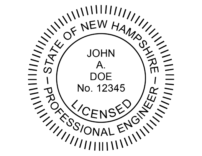 New Hampshire professional engineer rubber stamp. Laser engraved for crisp and clean impression. Self-inking, pre-inked or traditional.